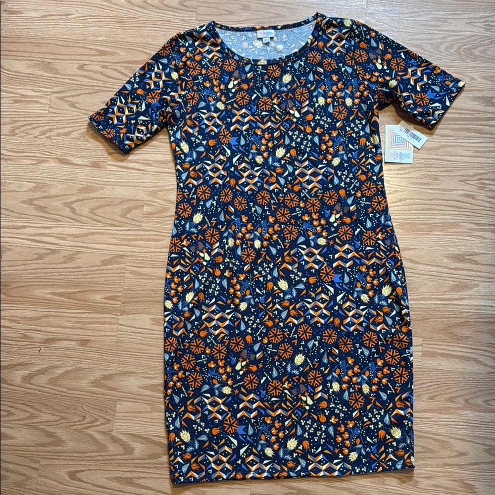 LuLaRoe Julia Geometric Midi Dress - Navy and Orange